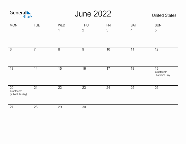 Printable June 2022 Calendar for United States