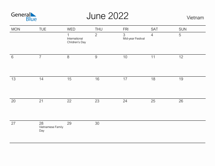 Printable June 2022 Calendar for Vietnam