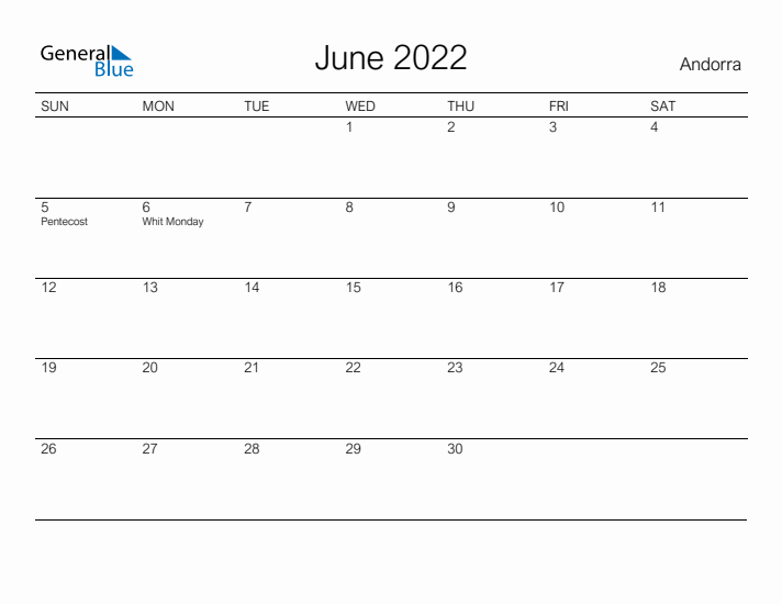 Printable June 2022 Calendar for Andorra