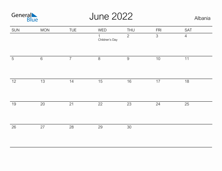 Printable June 2022 Calendar for Albania