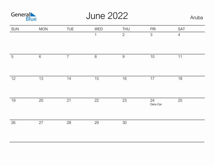 Printable June 2022 Calendar for Aruba