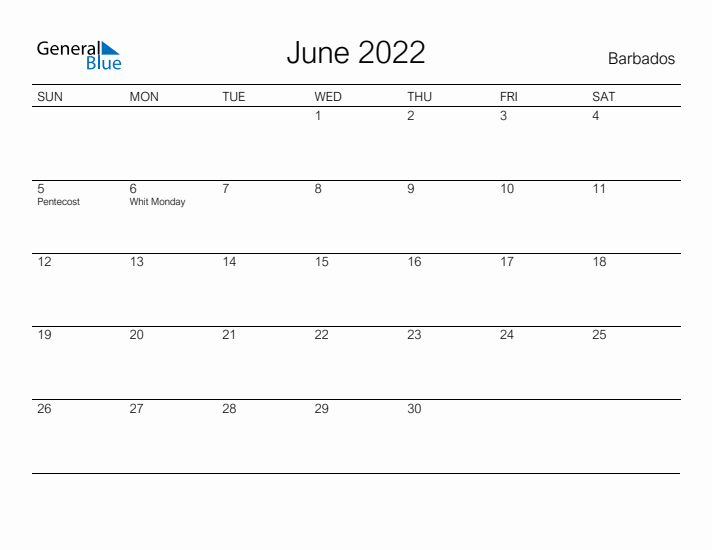 Printable June 2022 Calendar for Barbados