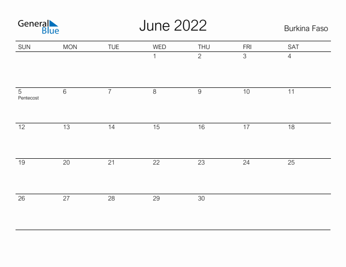 Printable June 2022 Calendar for Burkina Faso