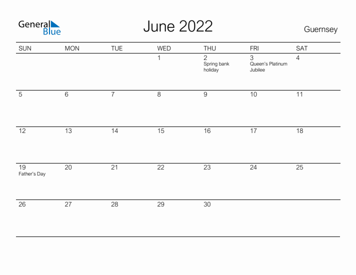 Printable June 2022 Calendar for Guernsey