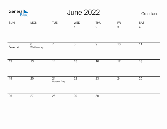 Printable June 2022 Calendar for Greenland