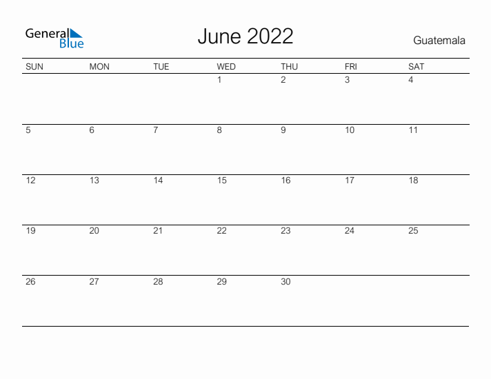 Printable June 2022 Calendar for Guatemala