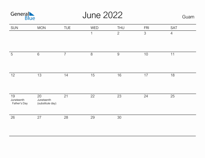 Printable June 2022 Calendar for Guam