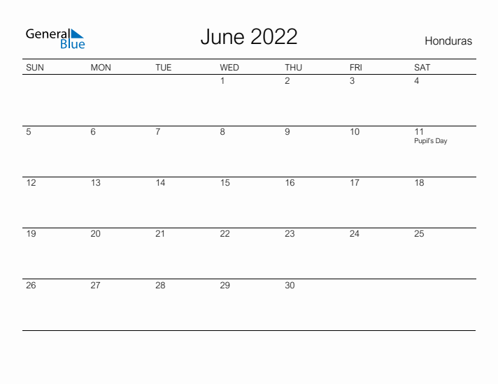 Printable June 2022 Calendar for Honduras