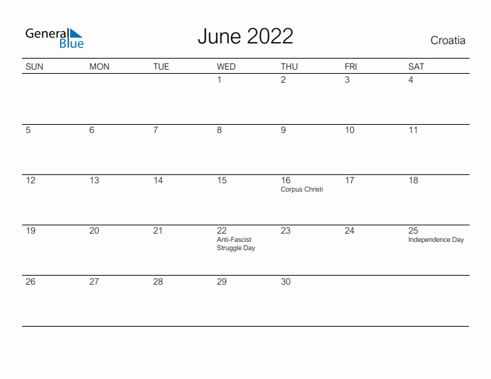 Printable June 2022 Calendar for Croatia