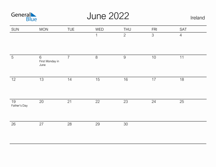 Printable June 2022 Calendar for Ireland