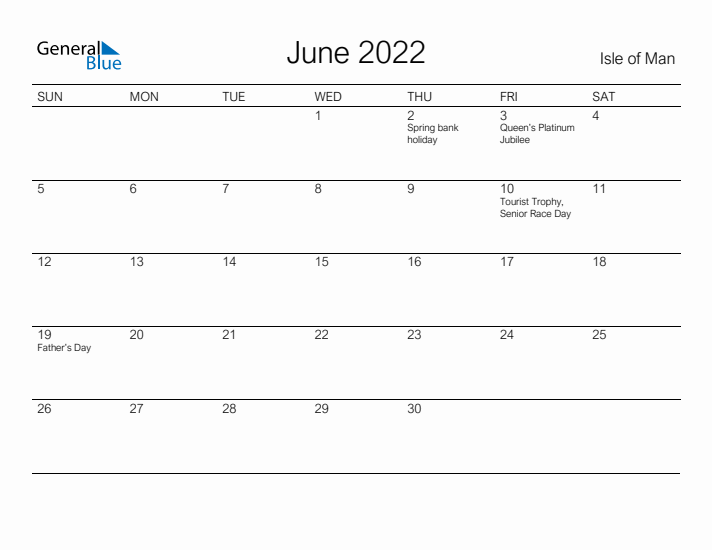 Printable June 2022 Calendar for Isle of Man