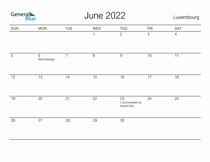 Printable June 2022 Calendar for Luxembourg