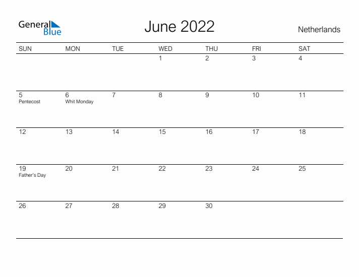 Printable June 2022 Calendar for The Netherlands