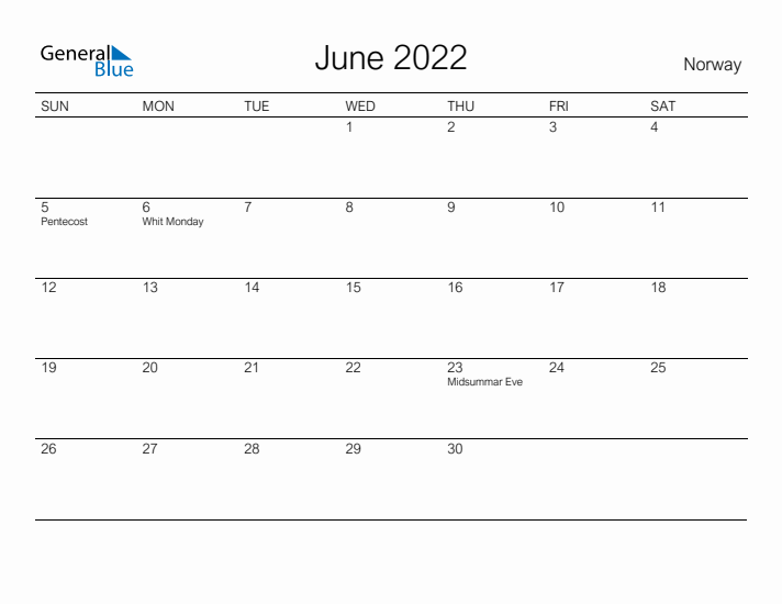 Printable June 2022 Calendar for Norway