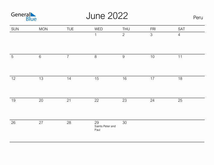 Printable June 2022 Calendar for Peru