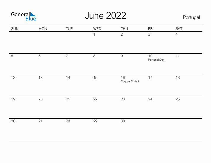 Printable June 2022 Calendar for Portugal