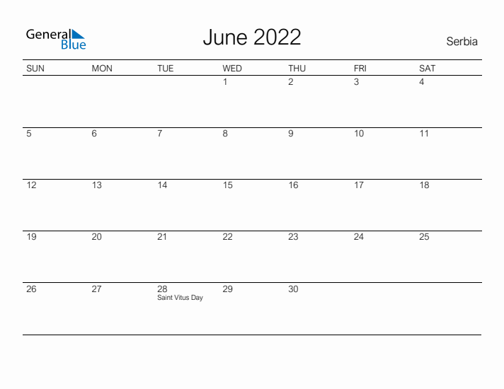 Printable June 2022 Calendar for Serbia