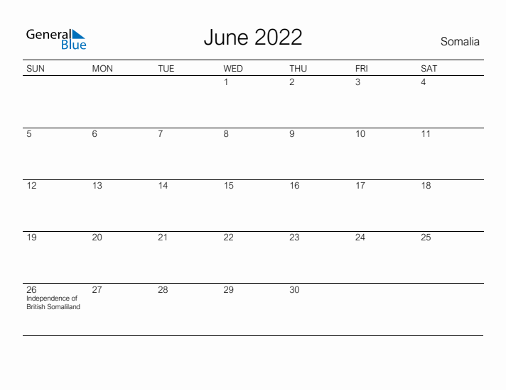 Printable June 2022 Calendar for Somalia