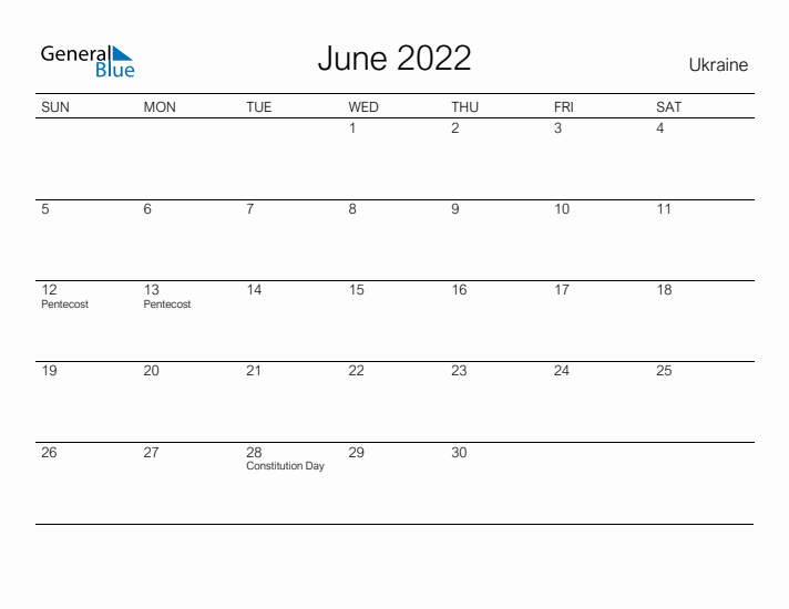 Printable June 2022 Calendar for Ukraine