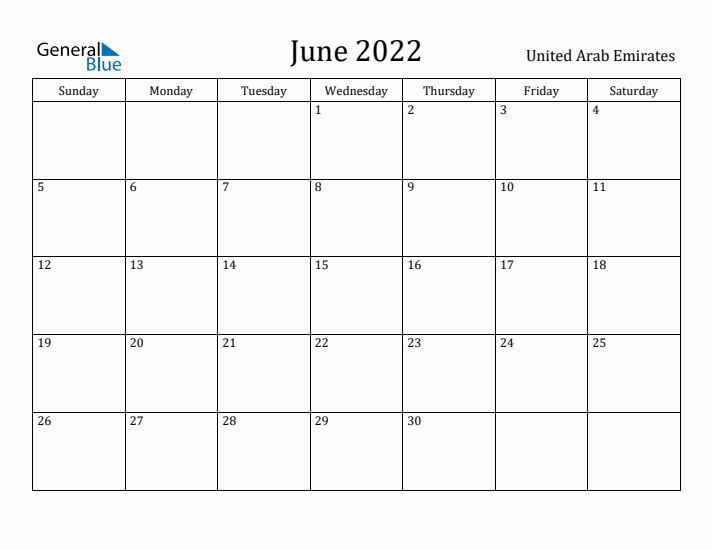 June 2022 Calendar United Arab Emirates