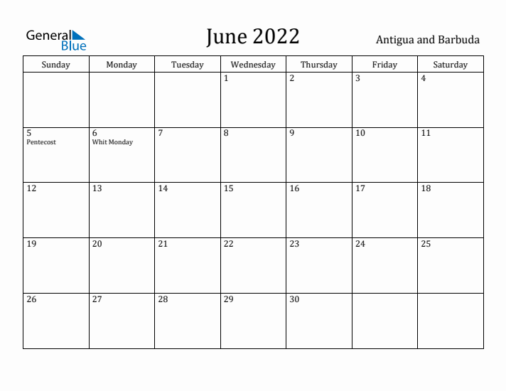 June 2022 Calendar Antigua and Barbuda