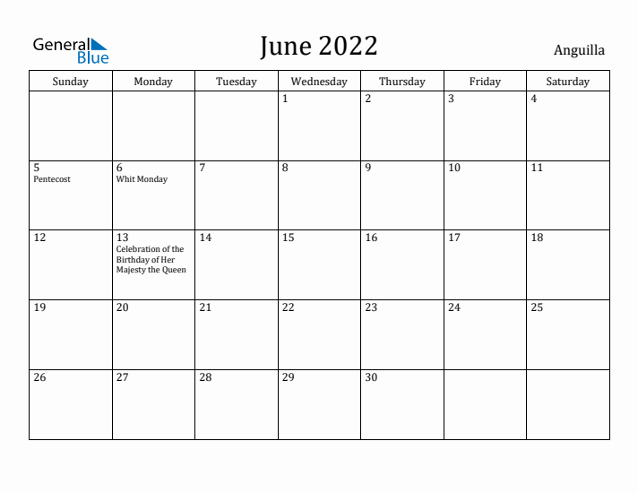 June 2022 Calendar Anguilla