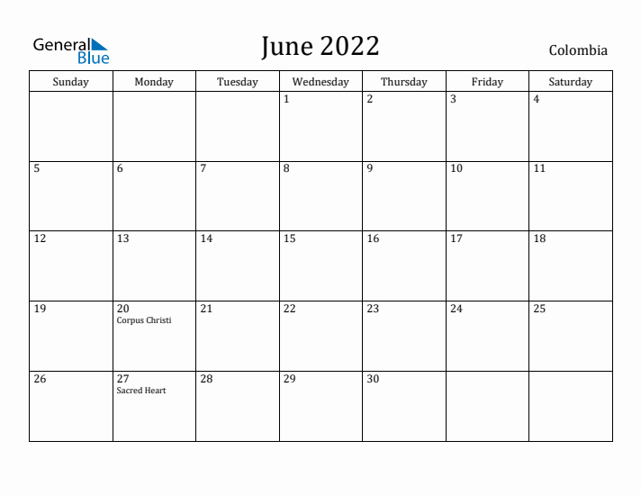 June 2022 Calendar Colombia