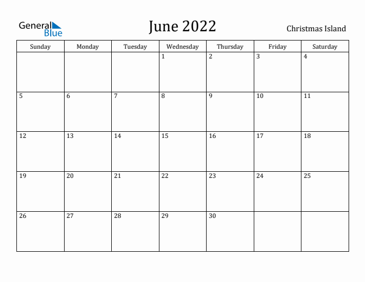 June 2022 Calendar Christmas Island