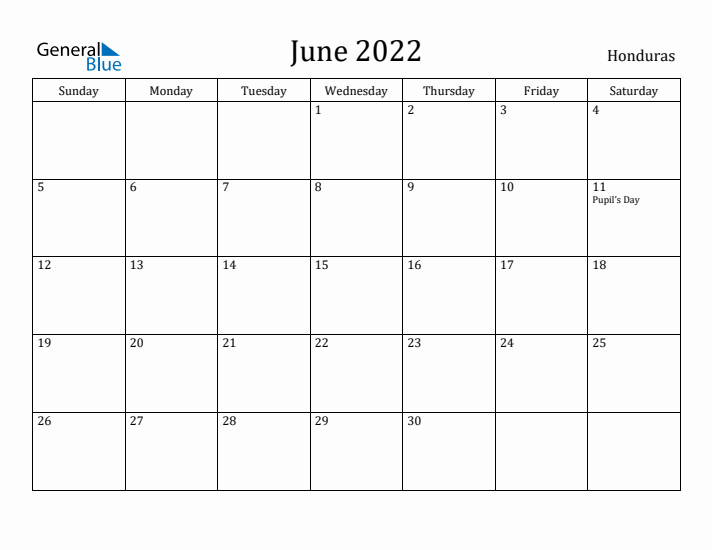 June 2022 Calendar Honduras