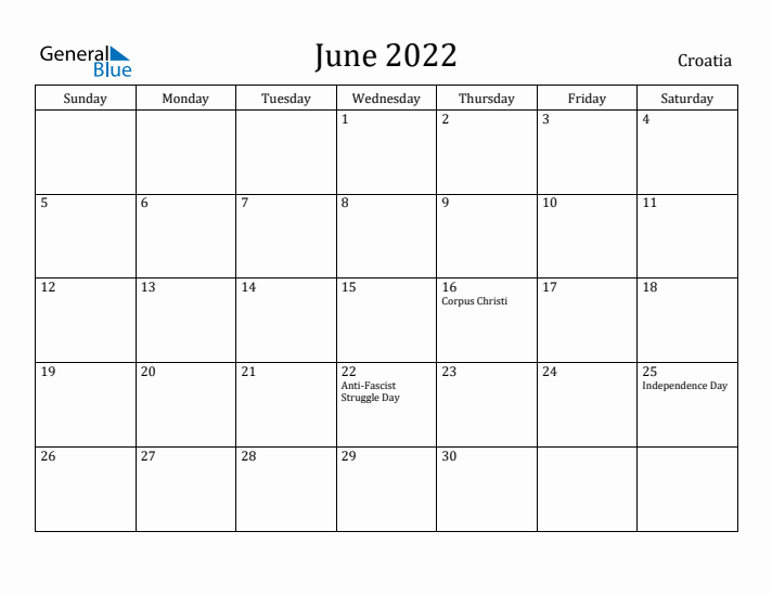 June 2022 Calendar Croatia