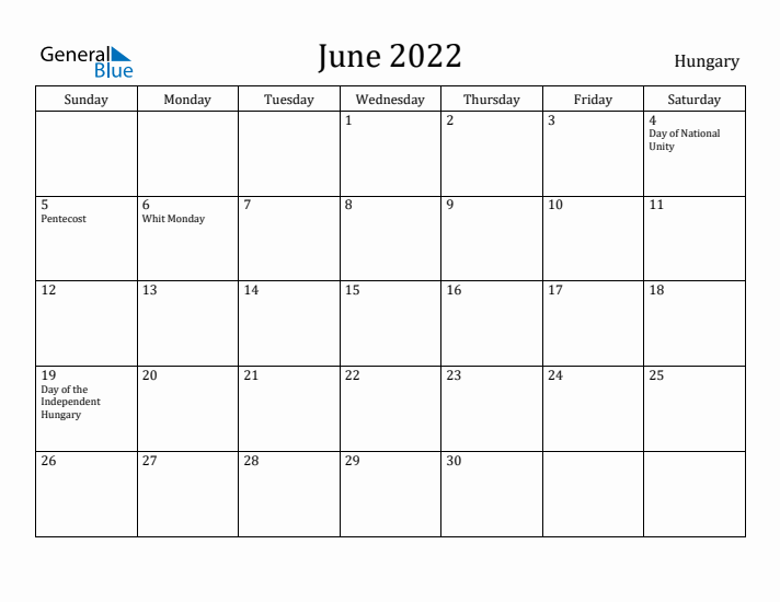 June 2022 Calendar Hungary