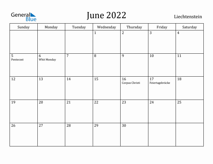 June 2022 Calendar Liechtenstein