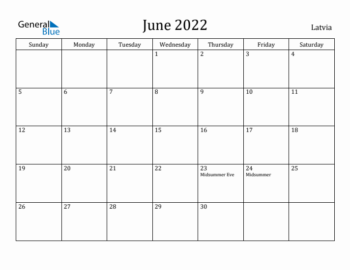 June 2022 Calendar Latvia