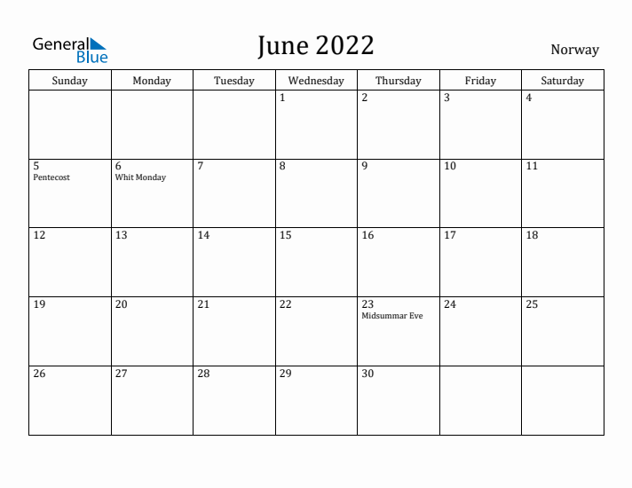 June 2022 Calendar Norway