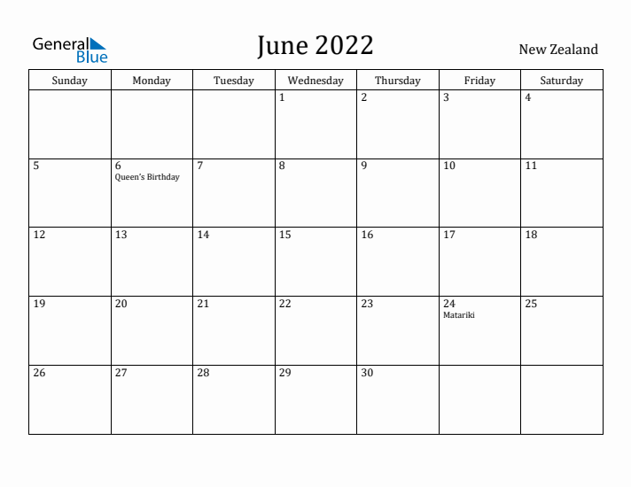 June 2022 Calendar New Zealand