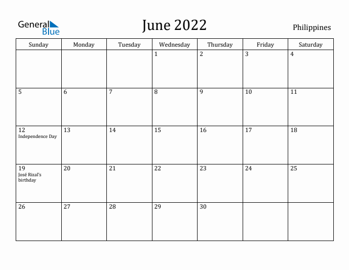 June 2022 Calendar Philippines