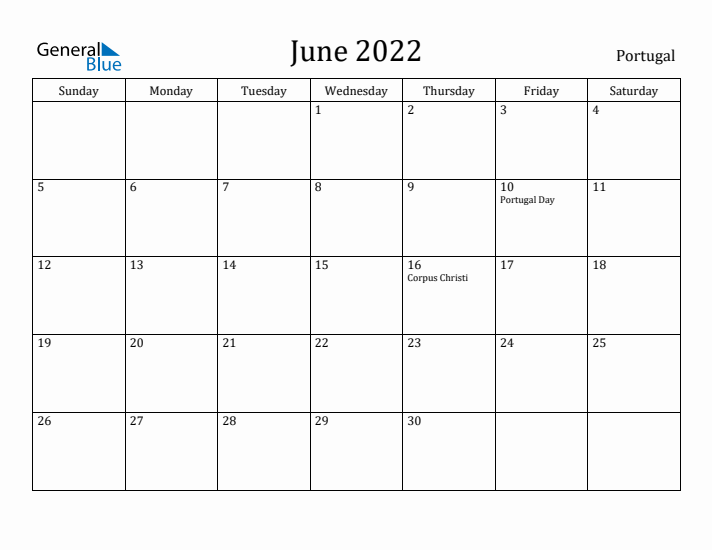 June 2022 Calendar Portugal