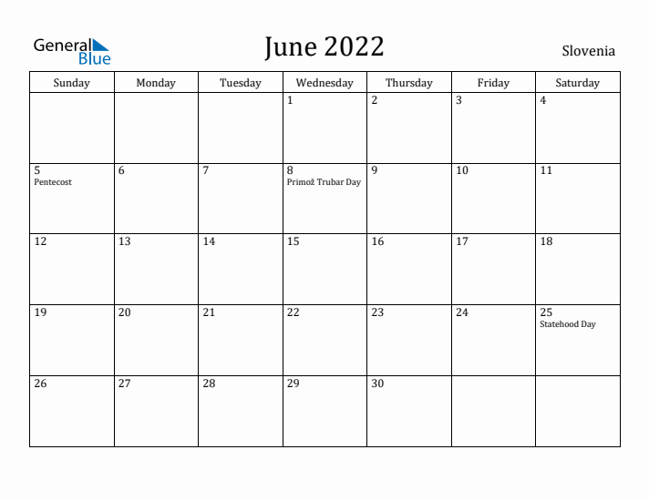 June 2022 Calendar Slovenia