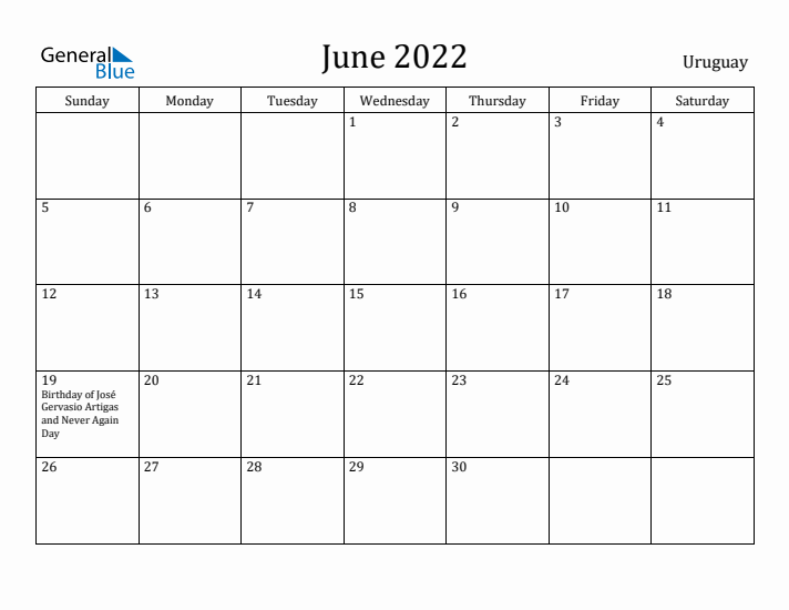 June 2022 Calendar Uruguay