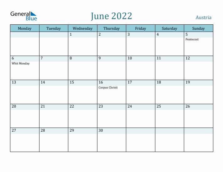 June 2022 Calendar with Holidays