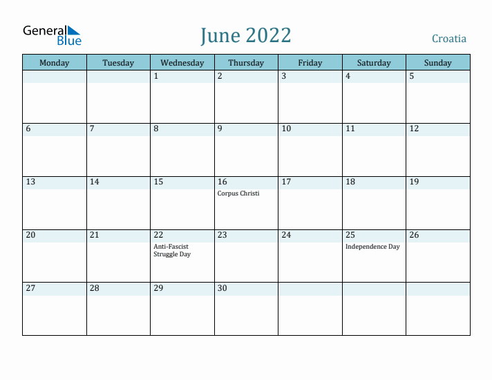 June 2022 Calendar with Holidays