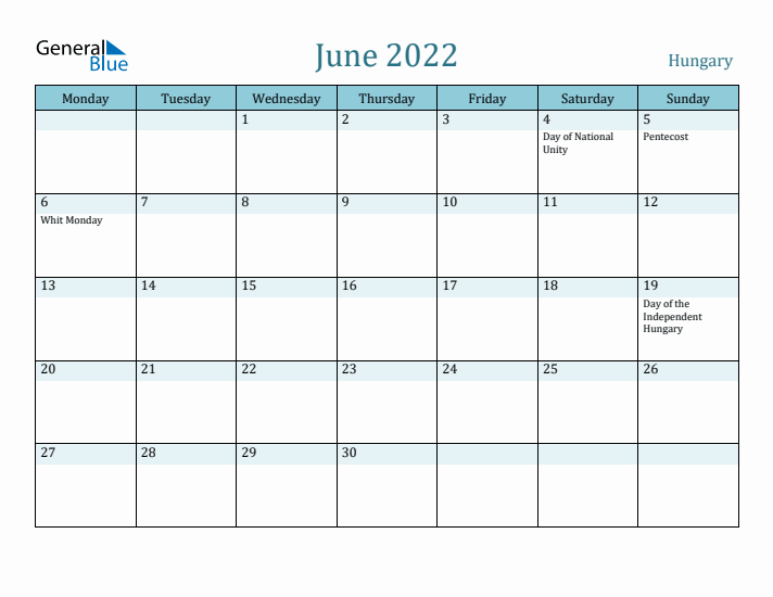 June 2022 Calendar with Holidays