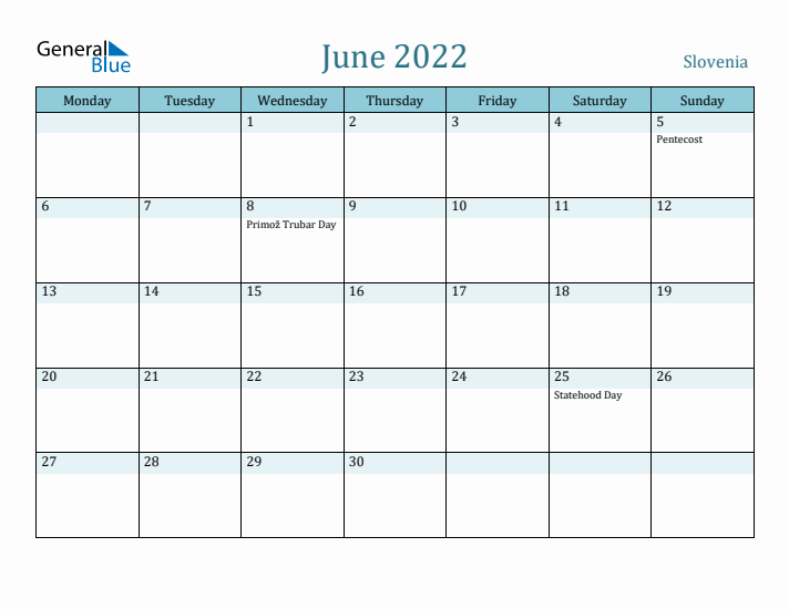 June 2022 Calendar with Holidays