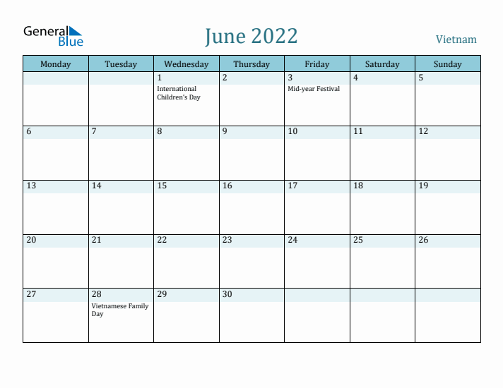 June 2022 Calendar with Holidays