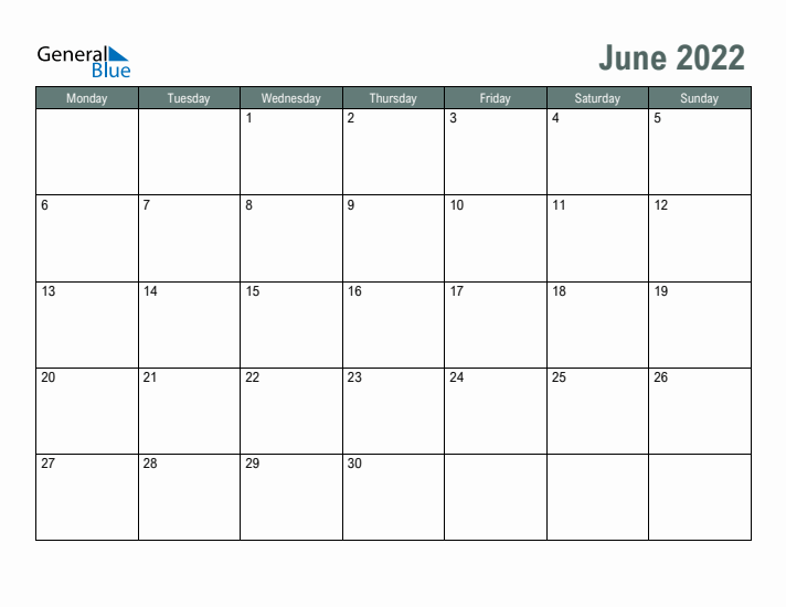 Free Printable June 2022 Calendar