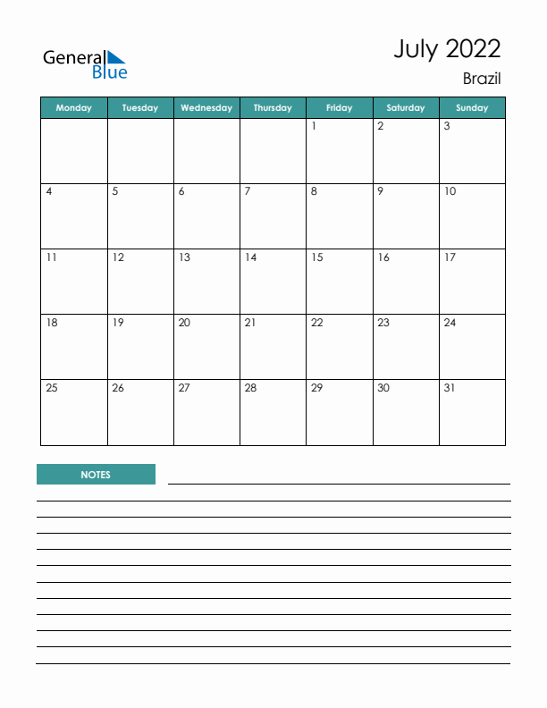 Calendar with Notes Printable - Monday Start