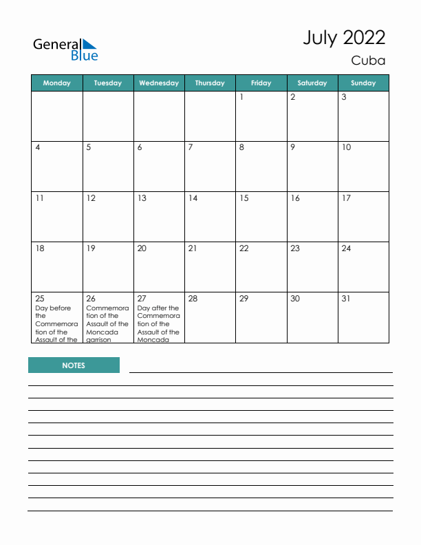 Calendar with Notes Printable - Monday Start