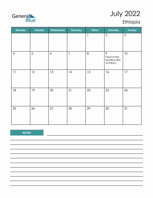 Calendar with Notes Printable - Monday Start