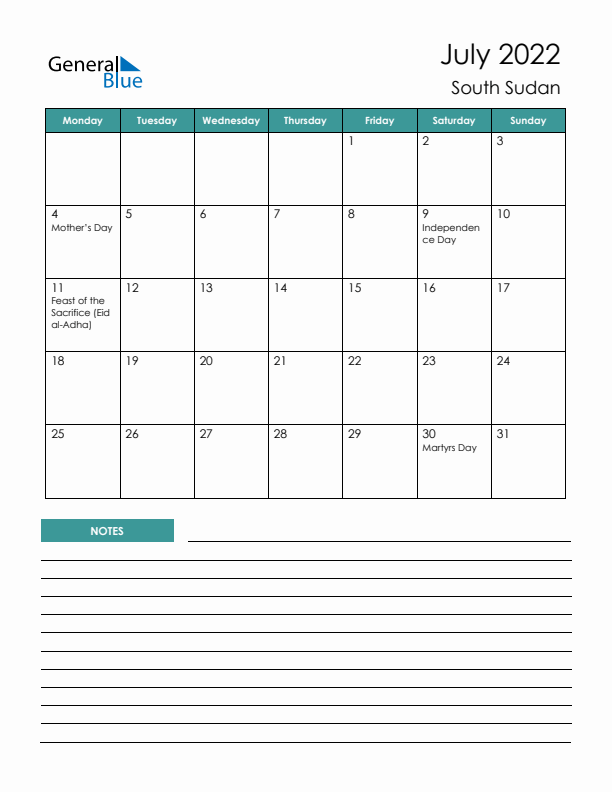 Calendar with Notes Printable - Monday Start