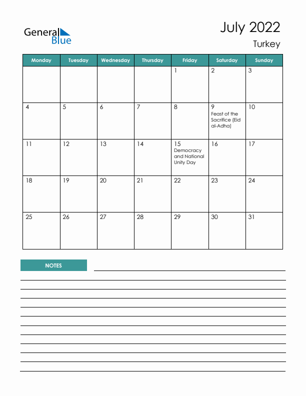 Calendar with Notes Printable - Monday Start